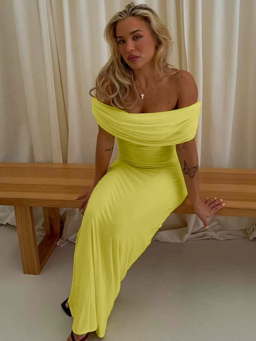 Zara Off Shoulder Fitted Bodycon Shirred Dress